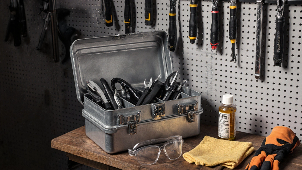 Чистый ящик с инструментами, масло и средства защиты на полке.