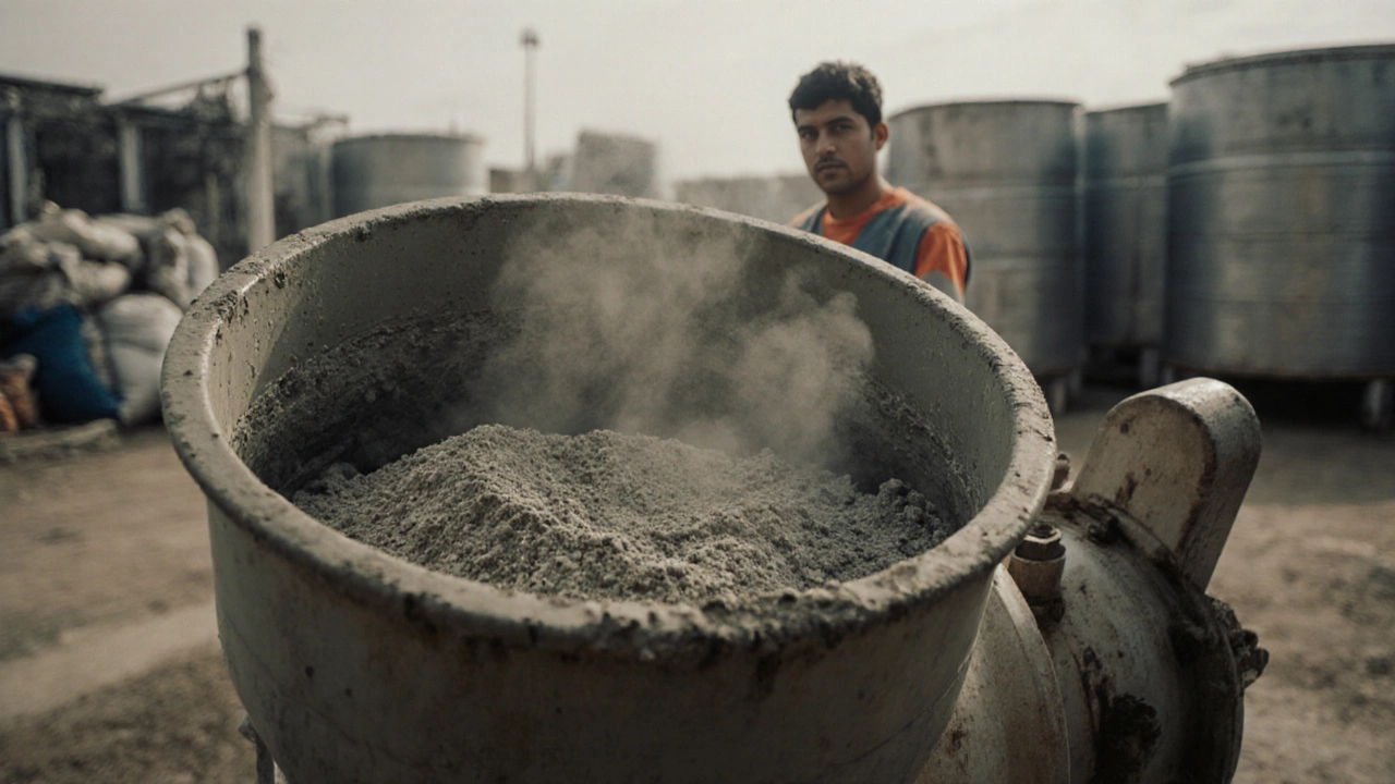 Маленькая бетономешалка с готовой бетонной смесью 1:2:4, видны песок, щебень и вода.