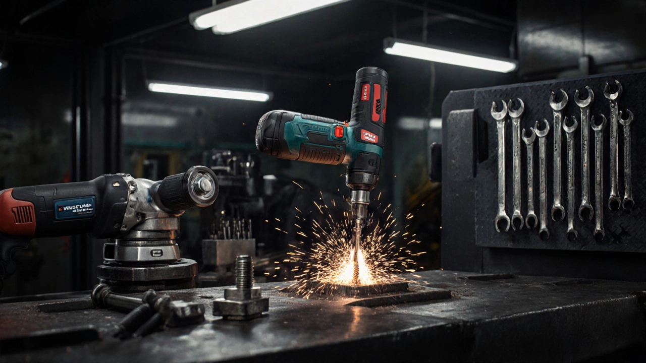 Механик использует ударный гайковерт в ярко освещённом гараже.