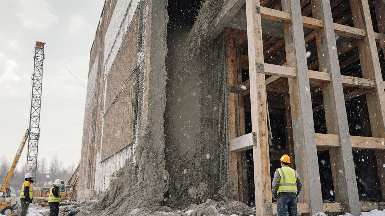 Монолитный дом на стройке с опалубкой и бетоном под снегом.