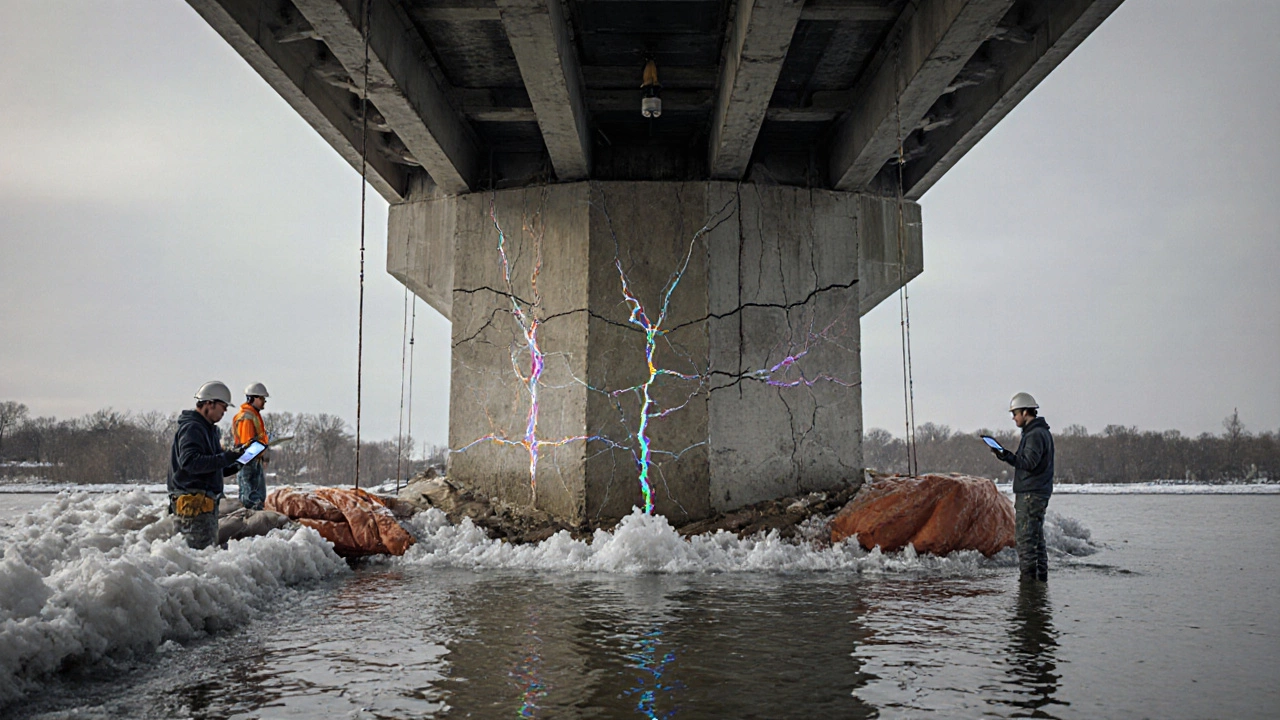 Опора моста из цемента М600 в реке зимой, с теплоизоляцией и контролем температуры.
