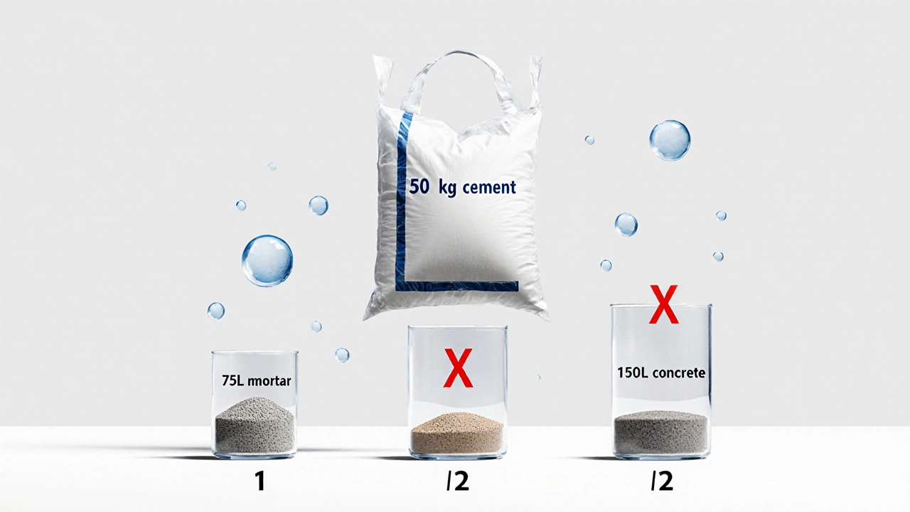Прозрачный мешок цемента 50 кг над тремя объёмами раствора: 75 л, 150 л и пустой.