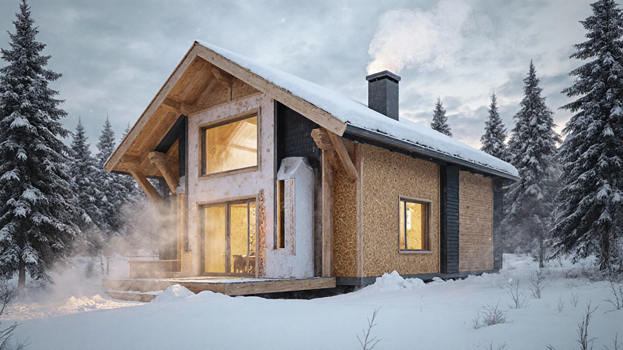 Современный каркасный дом в снежном лесу с тёплым светом в окнах.