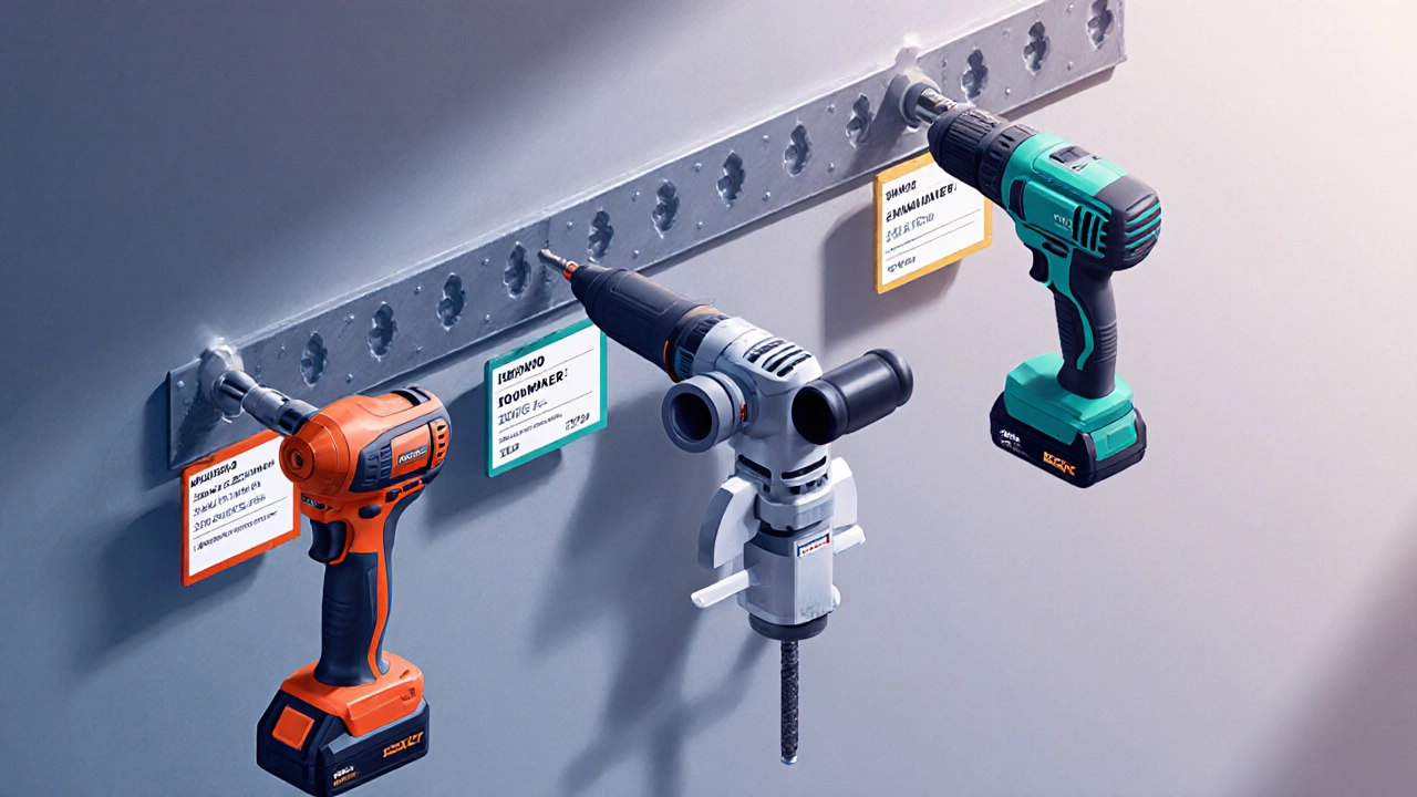 Стеллаж с электроинструментами (дрель, перфоратор, болгарка) и их характеристиками.