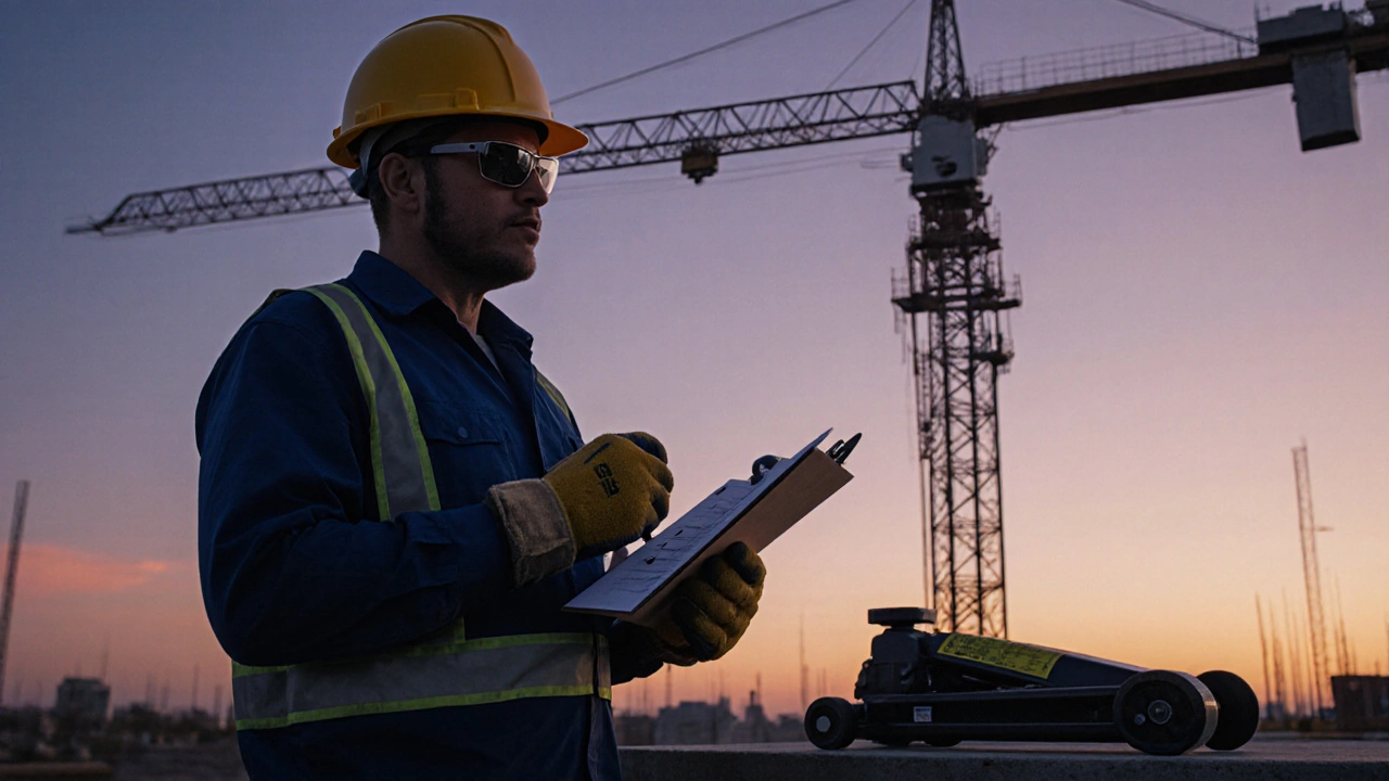 Строитель в защитной экипировке проверяет чек‑лист рядом с краном и домкратом.