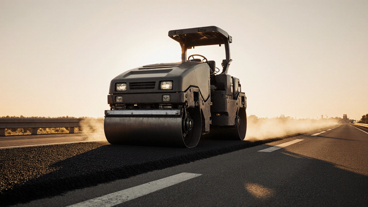 Асфальтоукладчик и вибрационный каток работают на свежем покрытии.