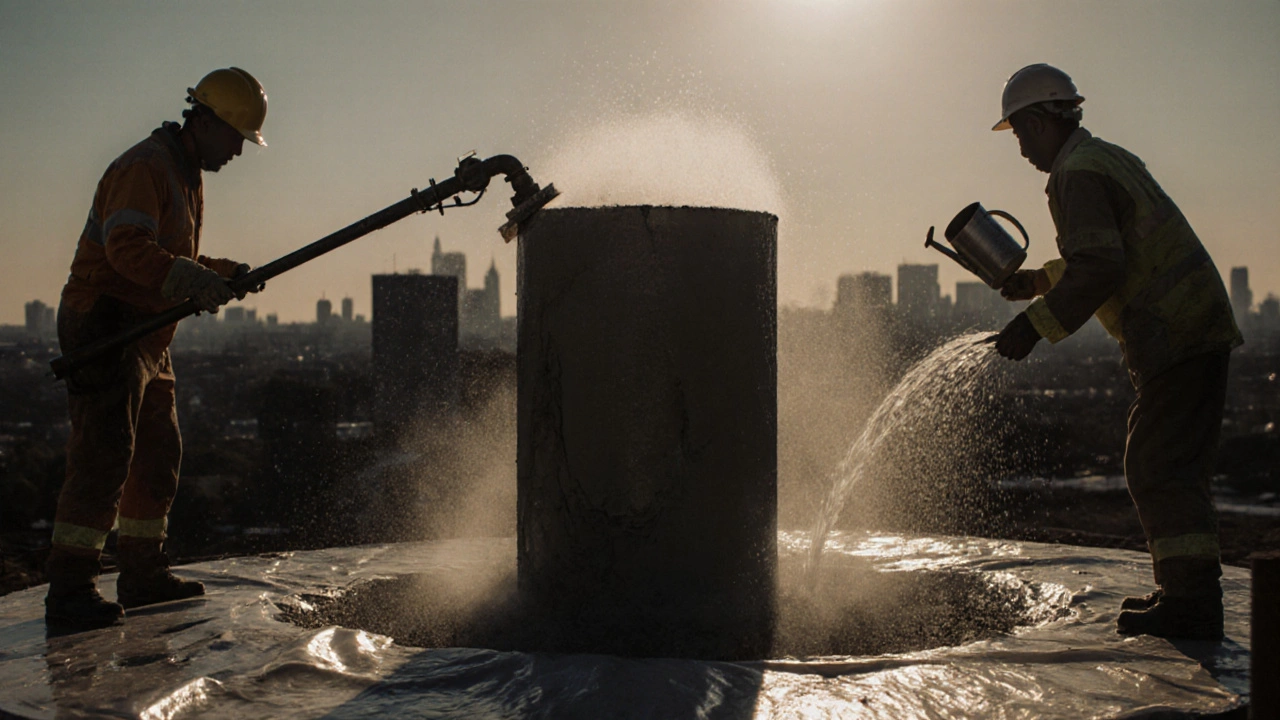 Бетонная колонна уплотняется вибратором и накрывается плёнкой для ухода.