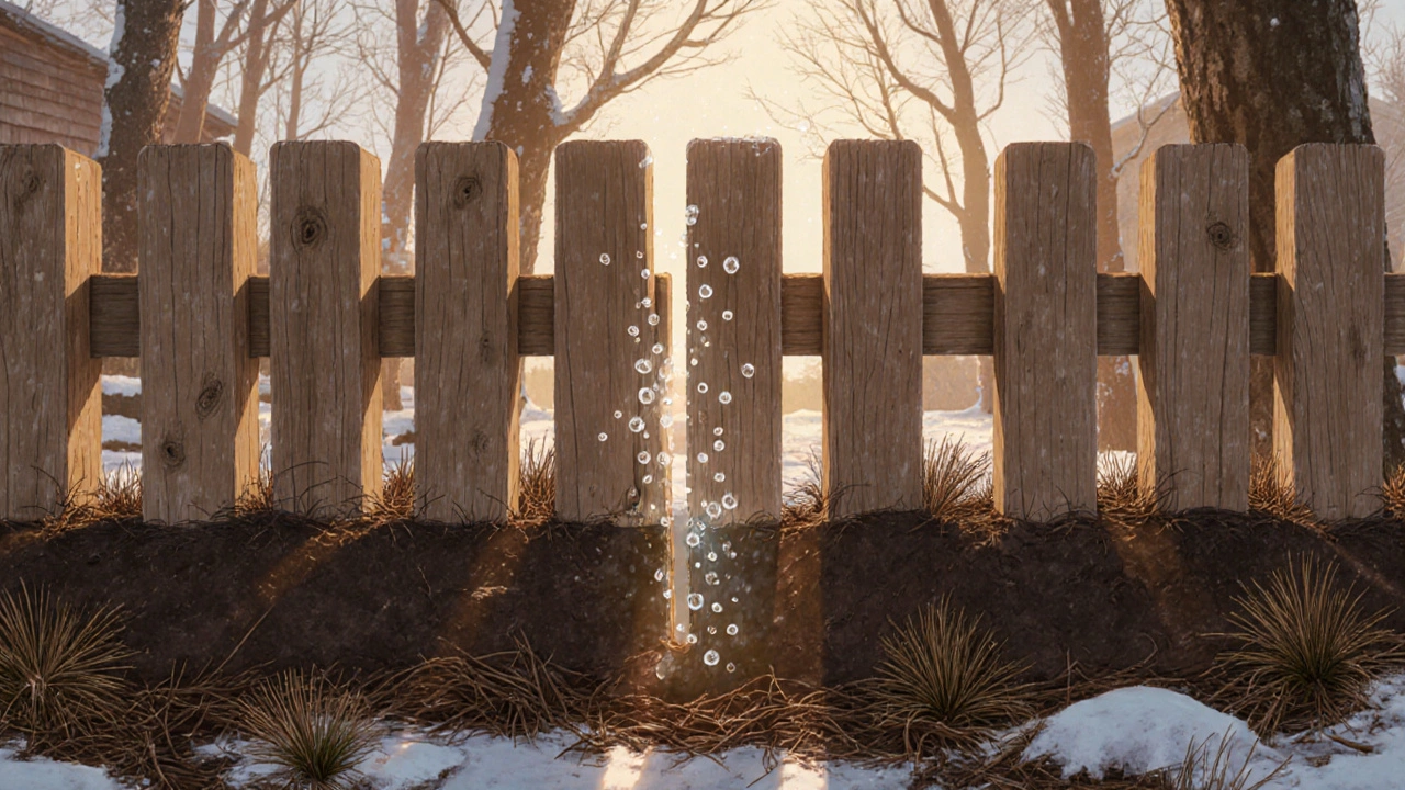 Деревянный штакетник с зазором 7 см, виден сухой деревянный край над влажной землёй, зимние остатки снега.