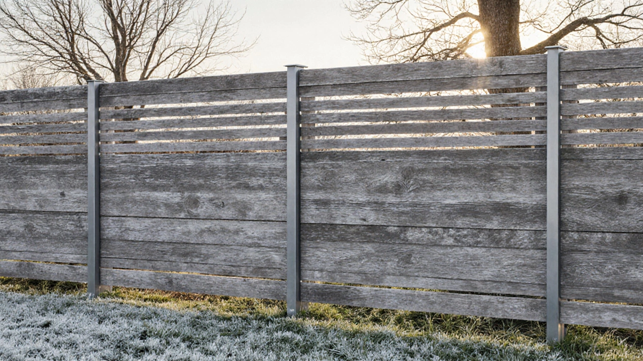 Деревянный забор из лиственницы с естественным серым оттенком и зазорами между досками.