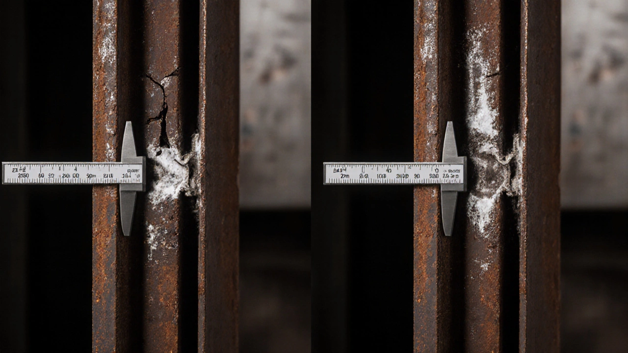 Два дефектных шва: слишком широкий с короблением и слишком узкий с непроваром, измеряются штангенциркулем.