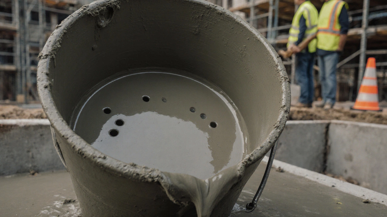 Гладкий ковш для бетона аккуратно заливает фундамент на городской стройке.