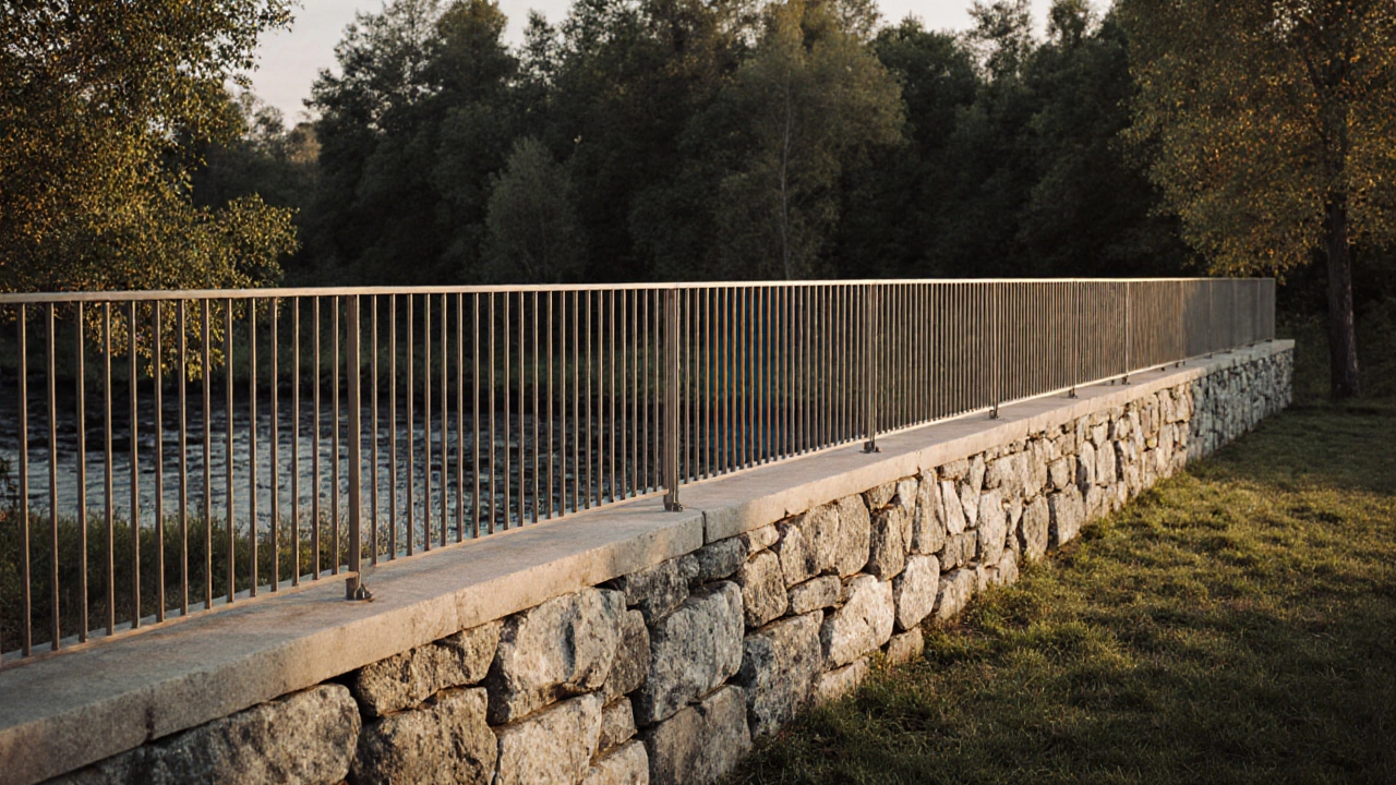 Каменный забор из гранита и базальта с металлическими прутками сверху, на фоне леса и реки.