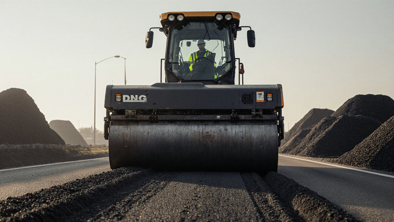 Крупный фрезер на трассе срезает асфальт шириной 3,5 метра, операторы контролируют точность.