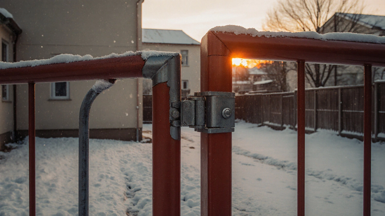 Металлические ворота с полностью сваренным каркасом, петлями и покраской в зимнем дворе.
