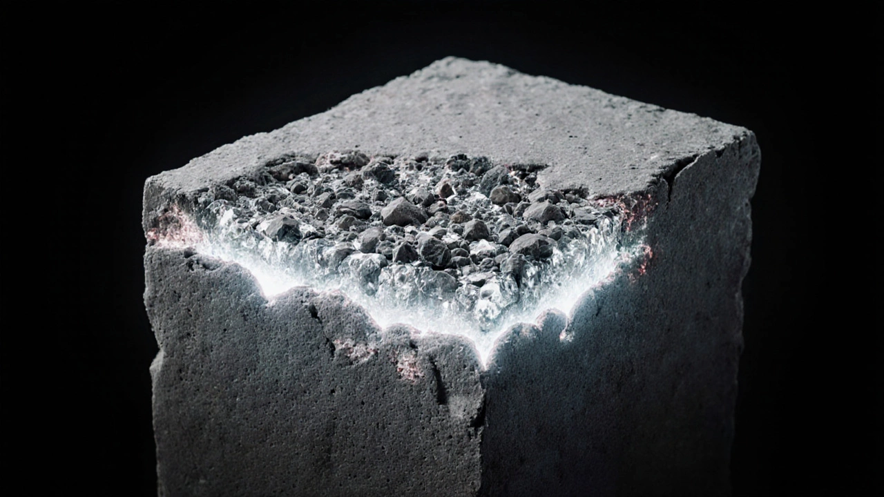 Микроструктура плотного бетона с кристаллической связкой между заполнителями без пустот.