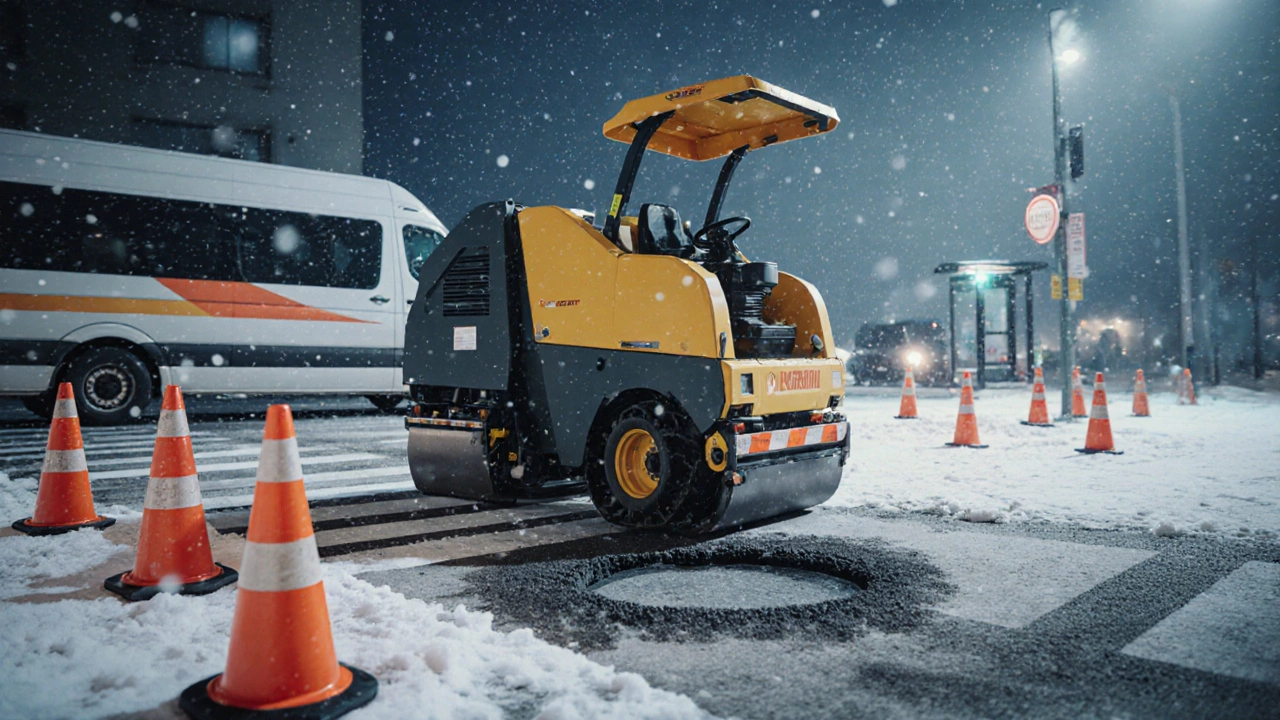 Мобильная установка для ремонта ям на пешеходном переходе.