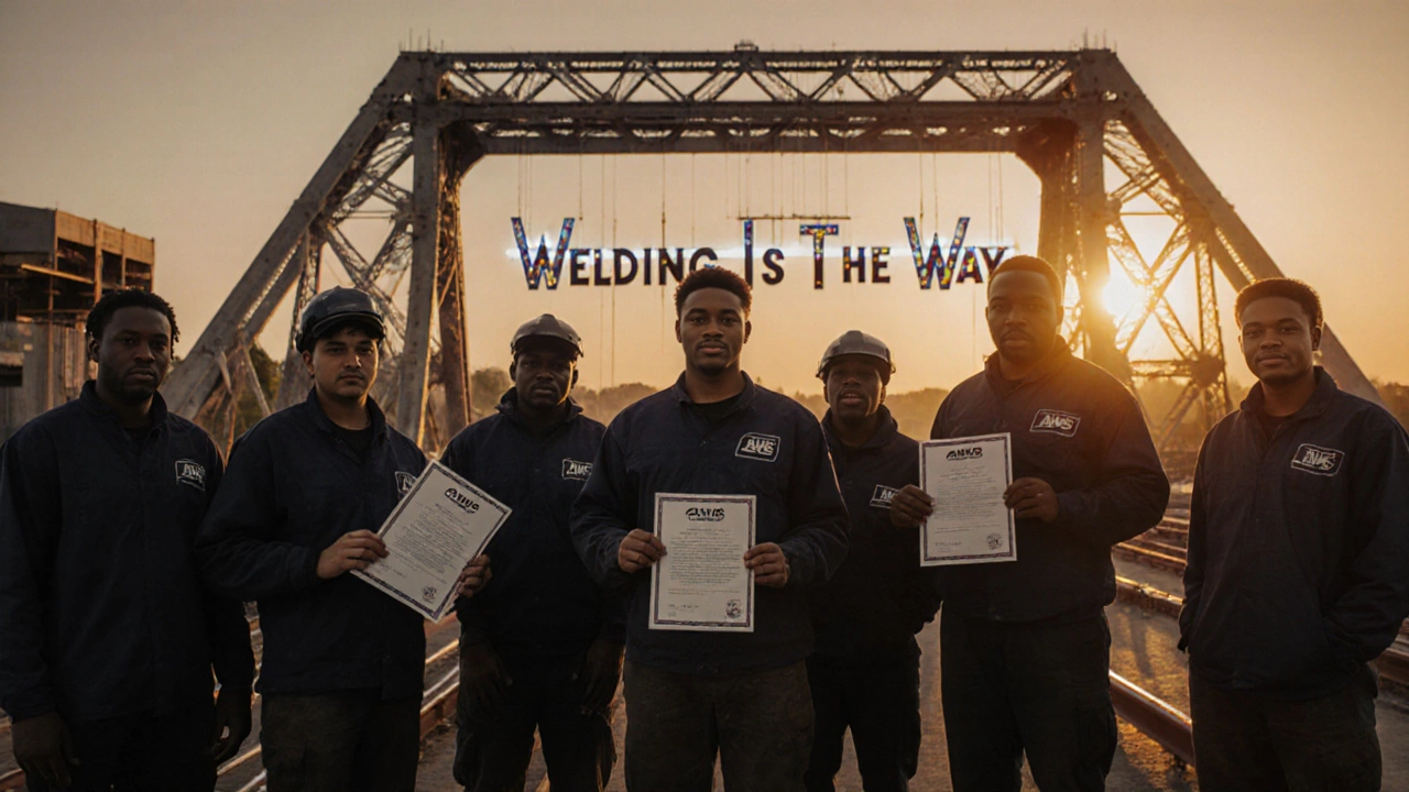 Молодые ученики-сварщики стоят у нового моста с сертификатами, за спиной закат.