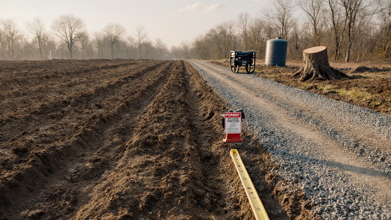 Очищенный и выровненный участок перед началом строительства с временной инфраструктурой.