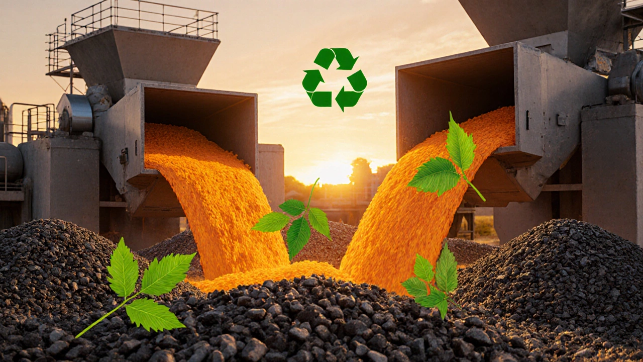 Переработанный асфальт смешивается с новыми компонентами на заводе, символизируя экологичное восстановление.