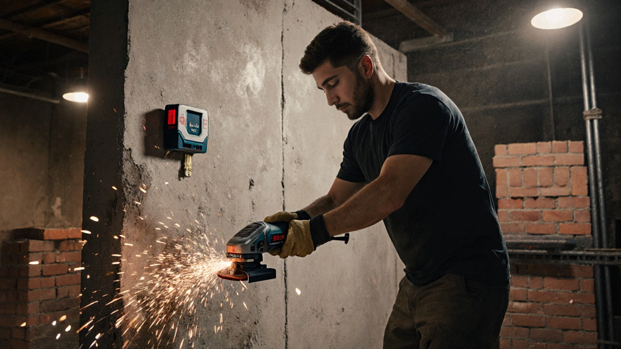 Профессионал шлифует бетонную стену болгаркой, искры летят в воздухе, на фоне лазерный уровень.