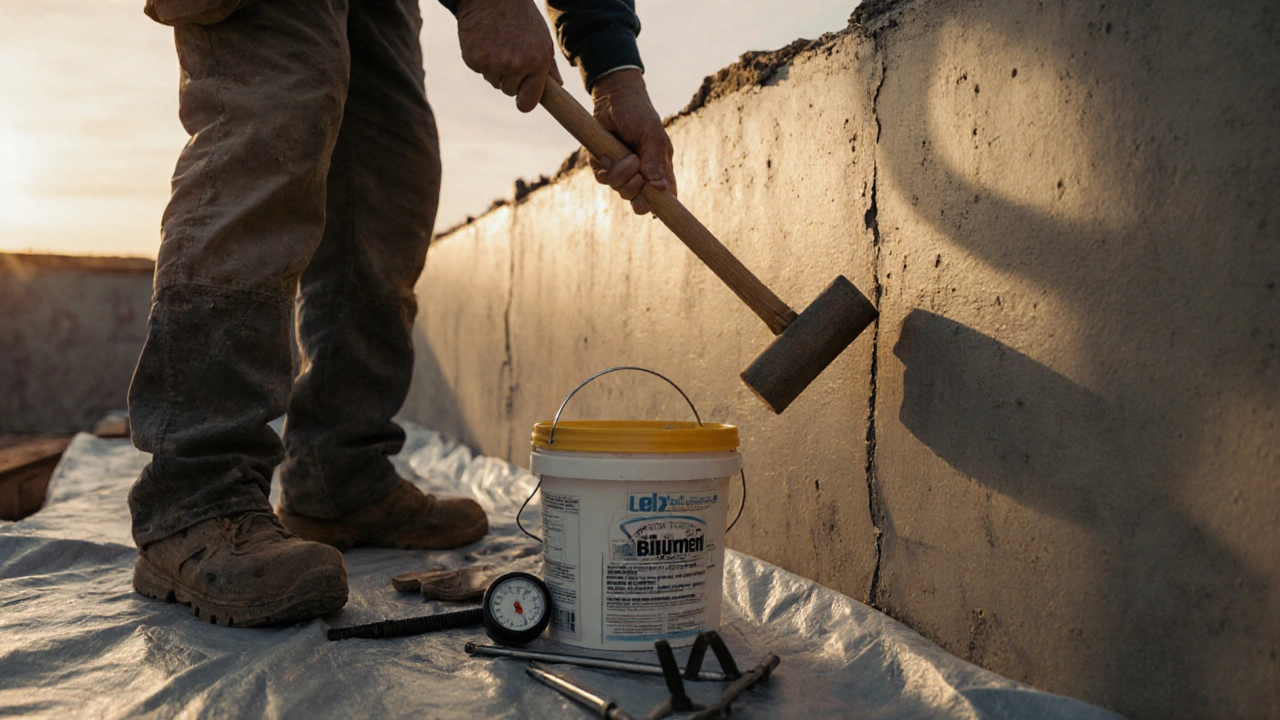Рабочий проверяет прочность бетона, стуча по стене молотком, частично снятая опалубка и инструменты на заднем плане.