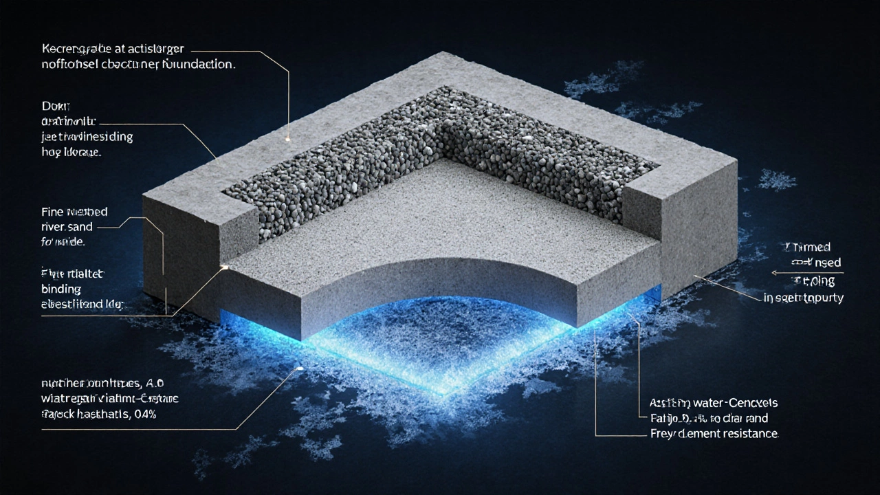 Разрез бетонного фундамента с идеальной структурой: щебень, песок и цемент без пустот и примесей.
