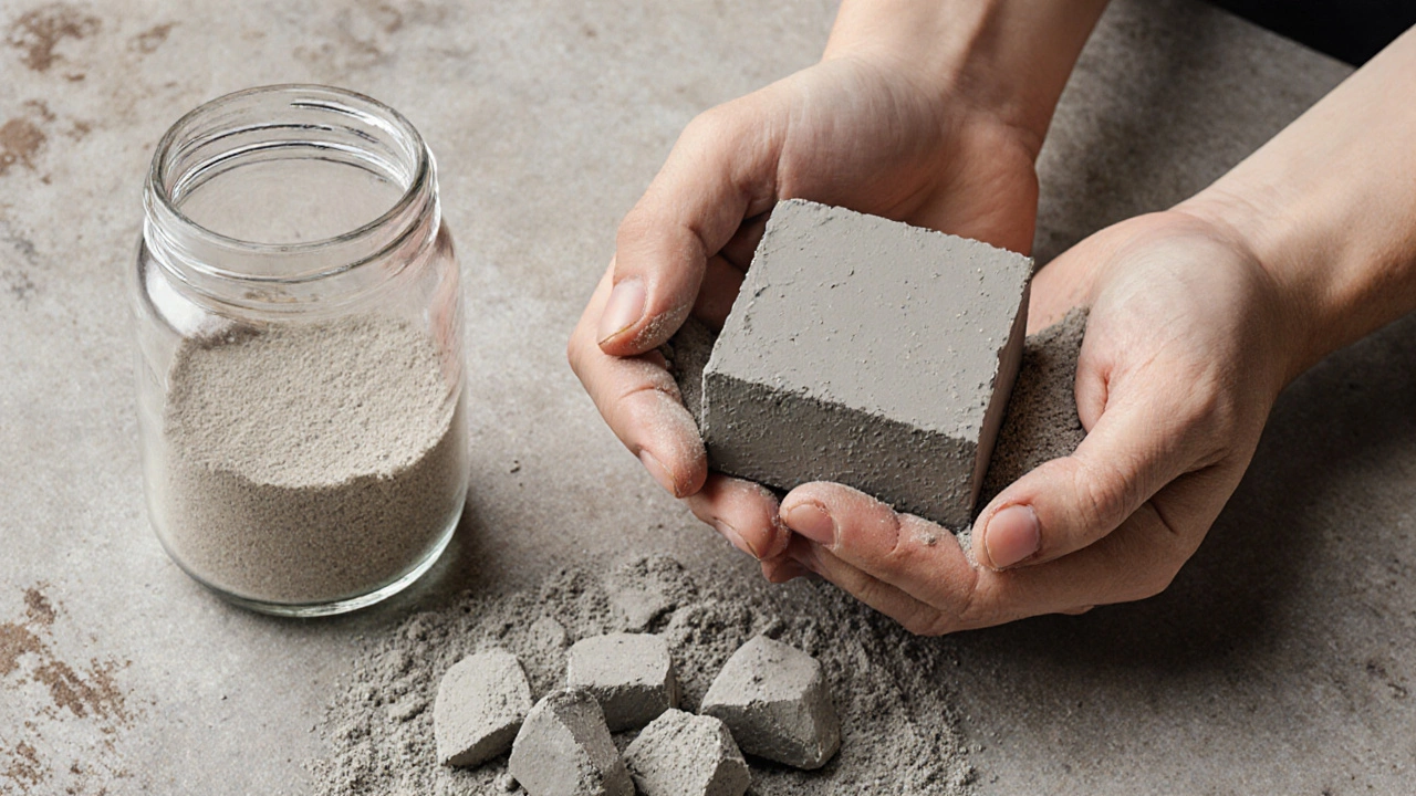 Рука держит комок свежего цемента рядом с рассыпающейся массой старого и пробиркой с мутным песком.