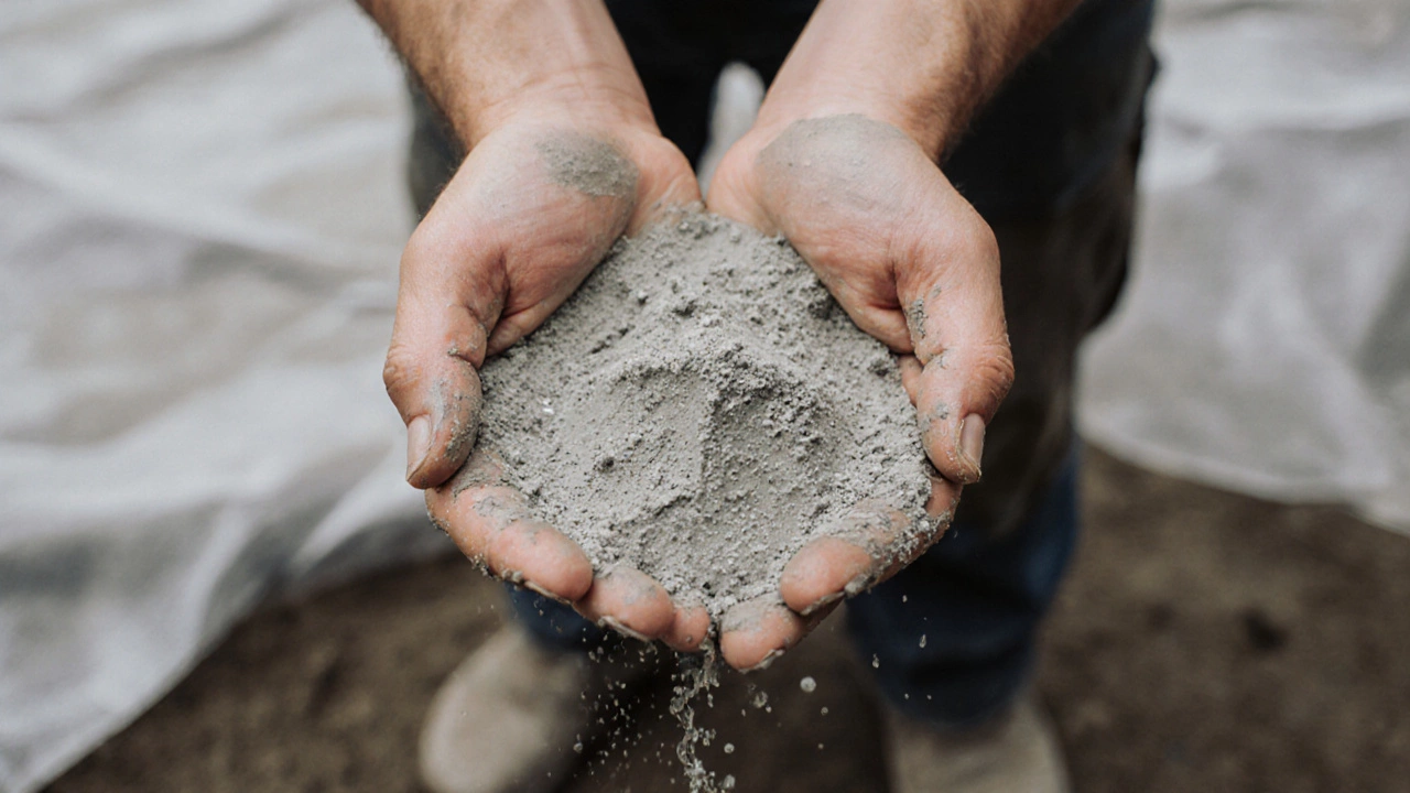 Рука сжимает готовый бетон, который держит форму — признак правильной пропорции воды и заполнителей.