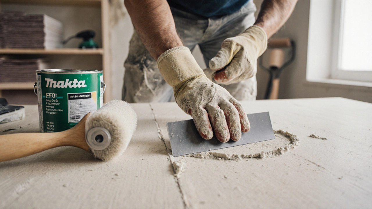 Руки мастера наносят шпаклевку стальным шпателем на гипсокартон, рядом валик и наждачная бумага.