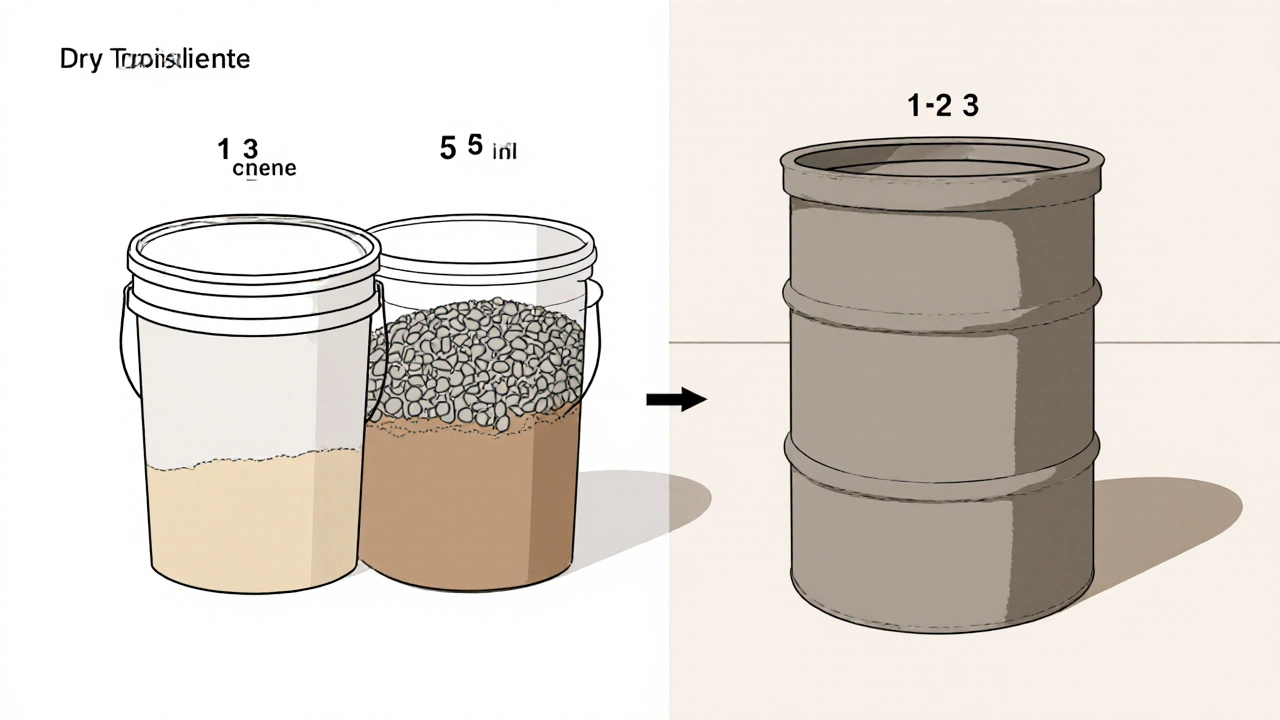 Схема пропорций: 1 часть цемента, 3 песка, 5 щебня превращаются в 150 литров бетона.