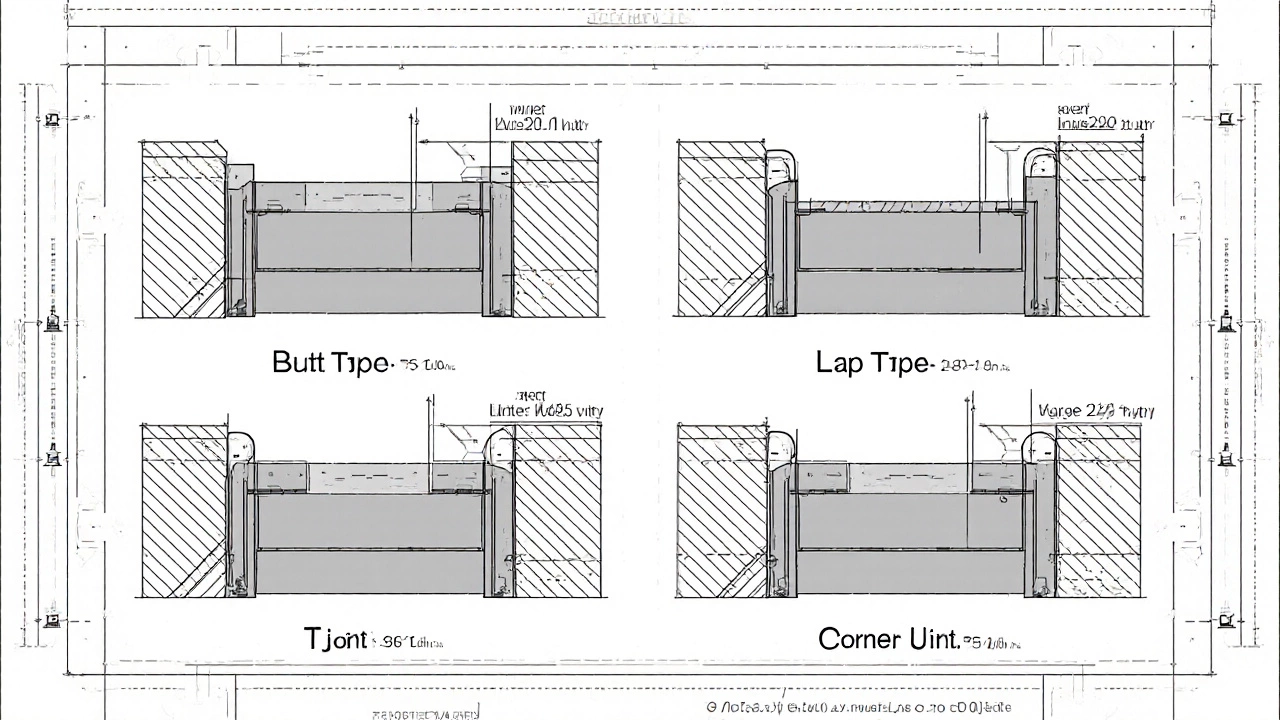 Схемы сварных соединений: стыковое, нахлесточное, тавровое и угловое с указанием нормативной ширины шва.
