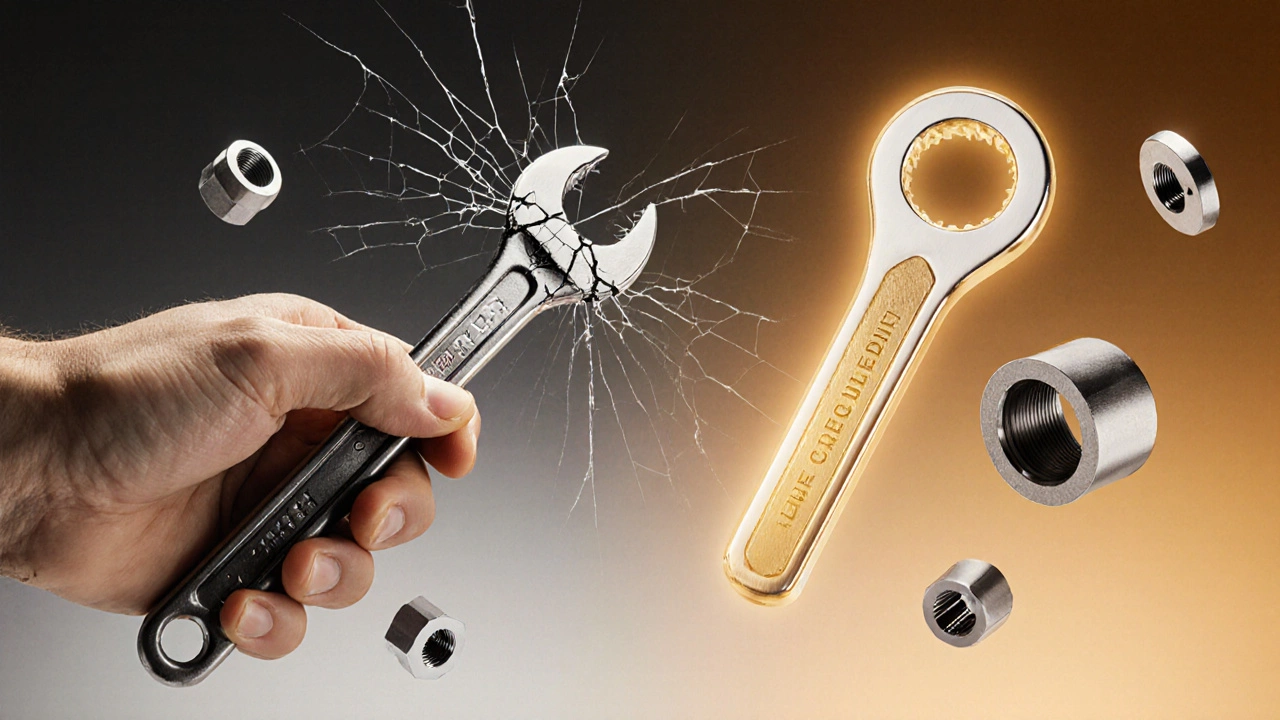 Сломанный ключ и идеальный динамометрический ключ на фоне металлических деталей, символизирующие разницу между ошибкой и точностью.