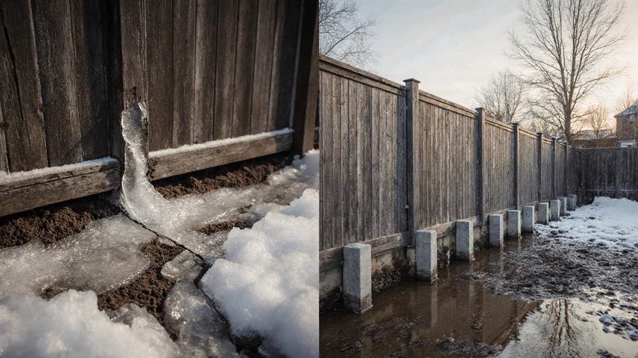 Сравнение: треснувший бетонный забор на земле и тот же забор на подушках — зазор предотвращает промерзание.