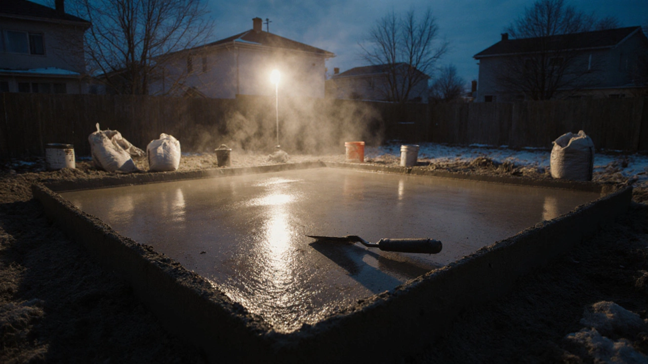 Свежезалитый фундамент вечером, с влажной поверхностью и разбросанными ведрами.
