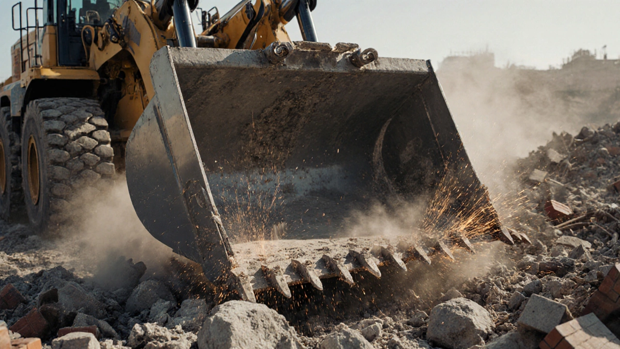 Тяжелый ковш со сменными зубьями разрушает бетонные обломки на месте сноса.