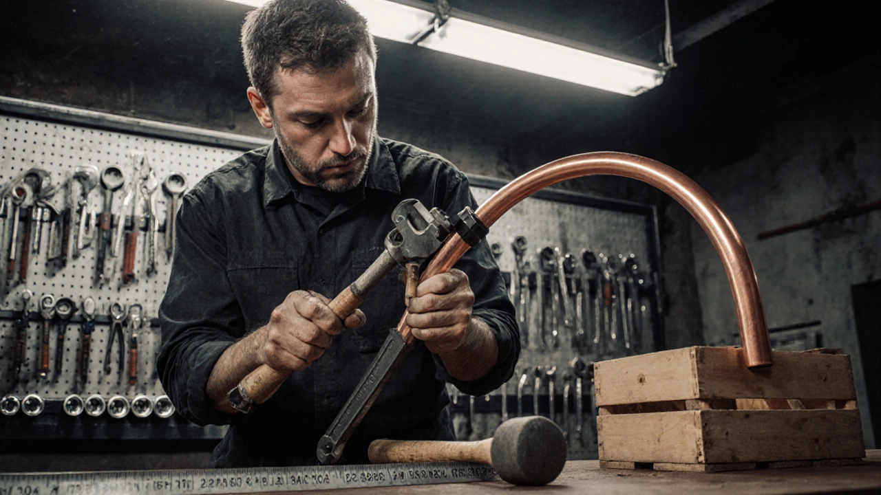 Техник гнет медную трубу с помощью трубогиба, рядом лежит резиновая киянка и инструменты на стенде.