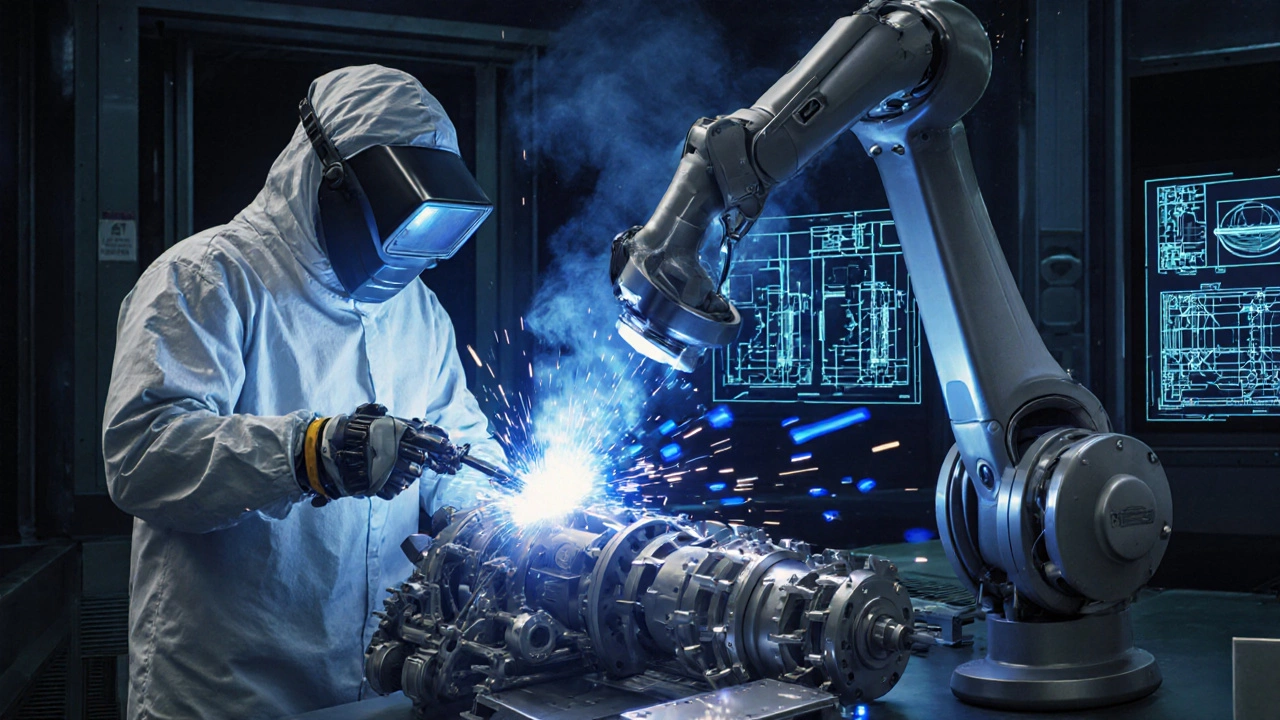 Техник управляет роботом-сварщиком при сборке титановой ракетной детали в чистой зоне.