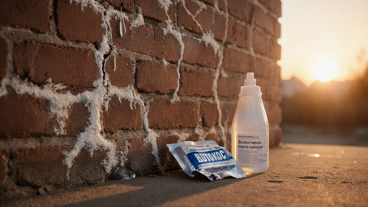Трещины и белые разводы на кирпичной стене с бутылкой мыла рядом и пакетом пластификатора.