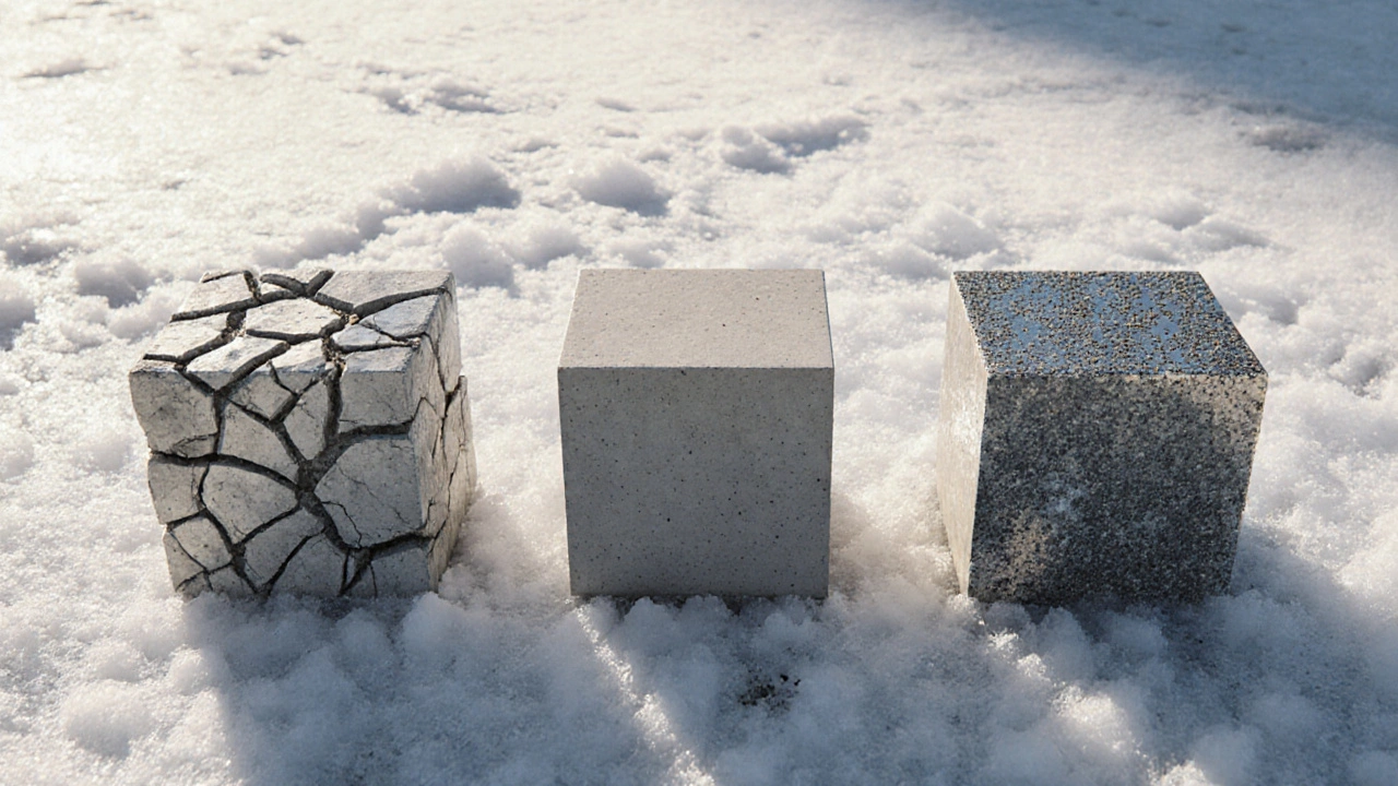 Три бетонных куба: разрушенный, обычный и прочный — сравнение качества при разных пропорциях.