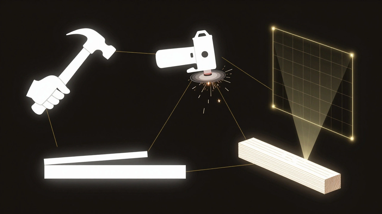 Абстрактная схема пяти групп строительных инструментов, соединённых светящимися линиями на тёмном фоне.