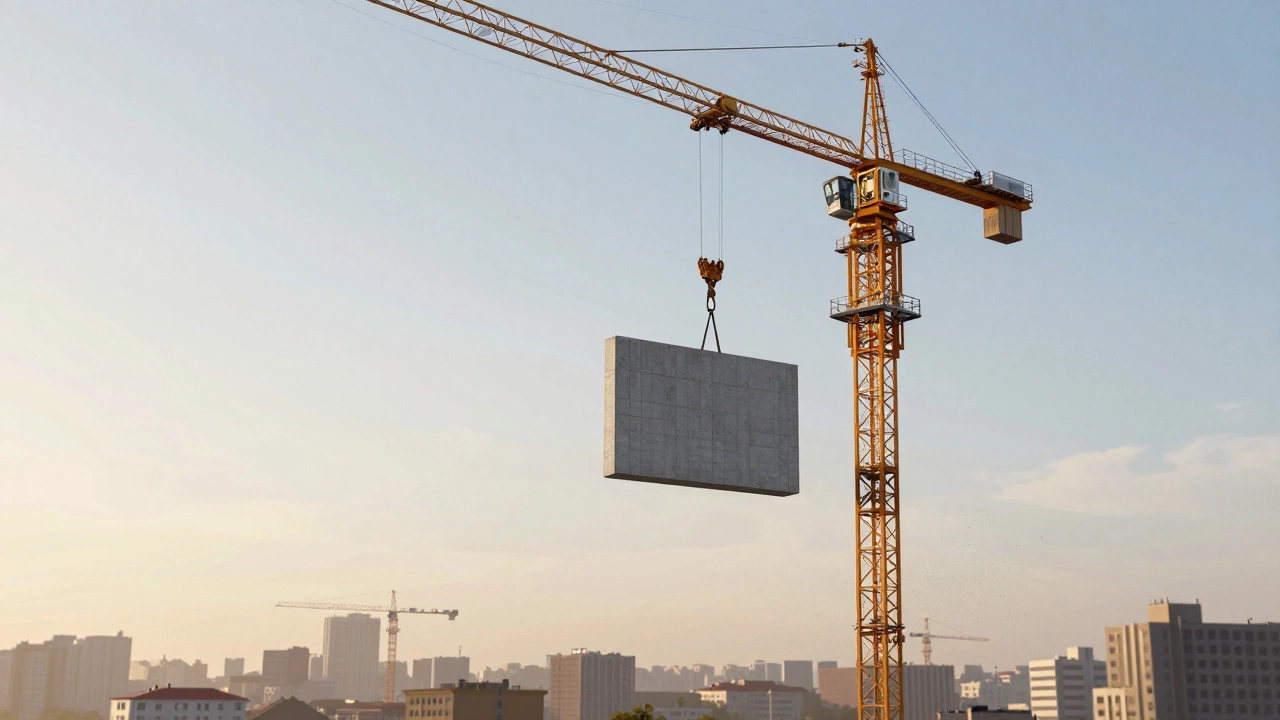 Башенный кран поднимает бетонную панель над городом, золотой закат, стальные конструкции на фоне неба.