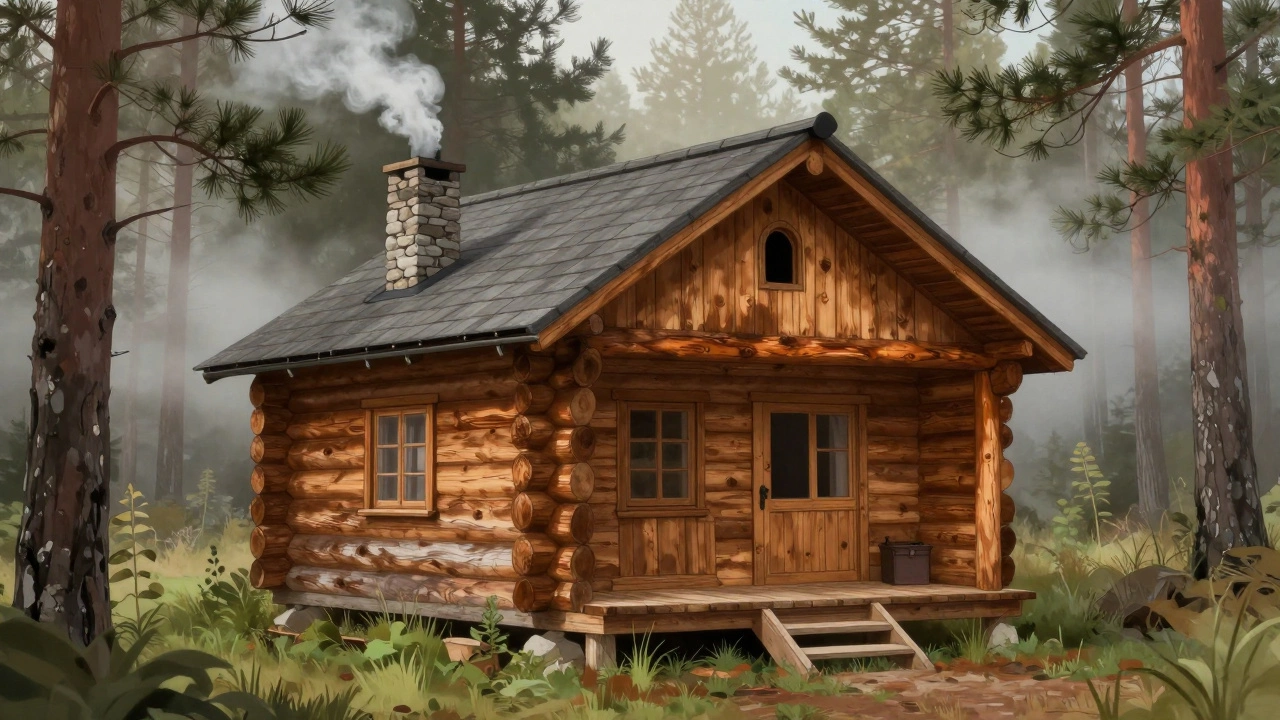 Деревянный сруб в лесу с дымом из трубы и инеем на ветках.