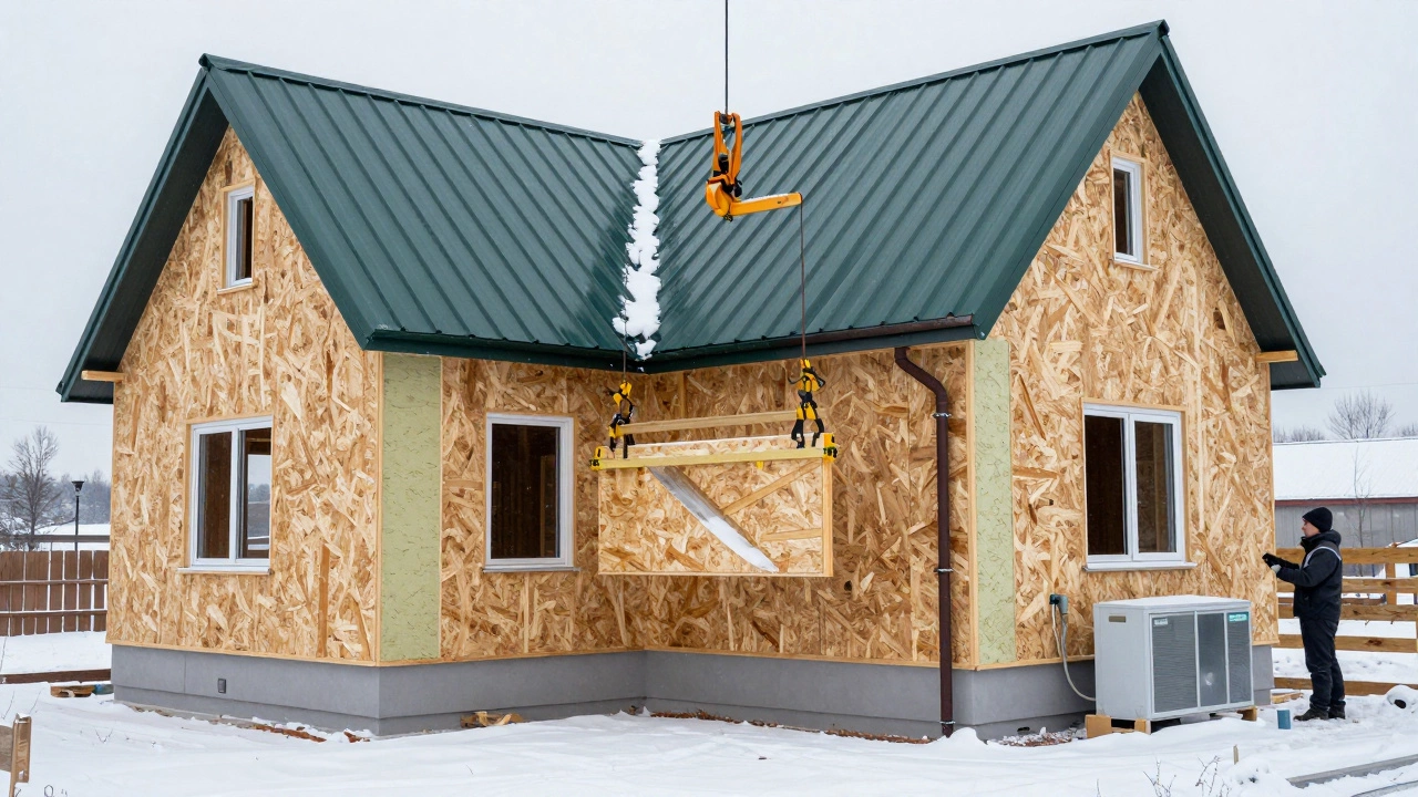 Дом из СИП-панелей на зимней стройке, с темно-зеленой металлической кровлей и системой вентиляции.
