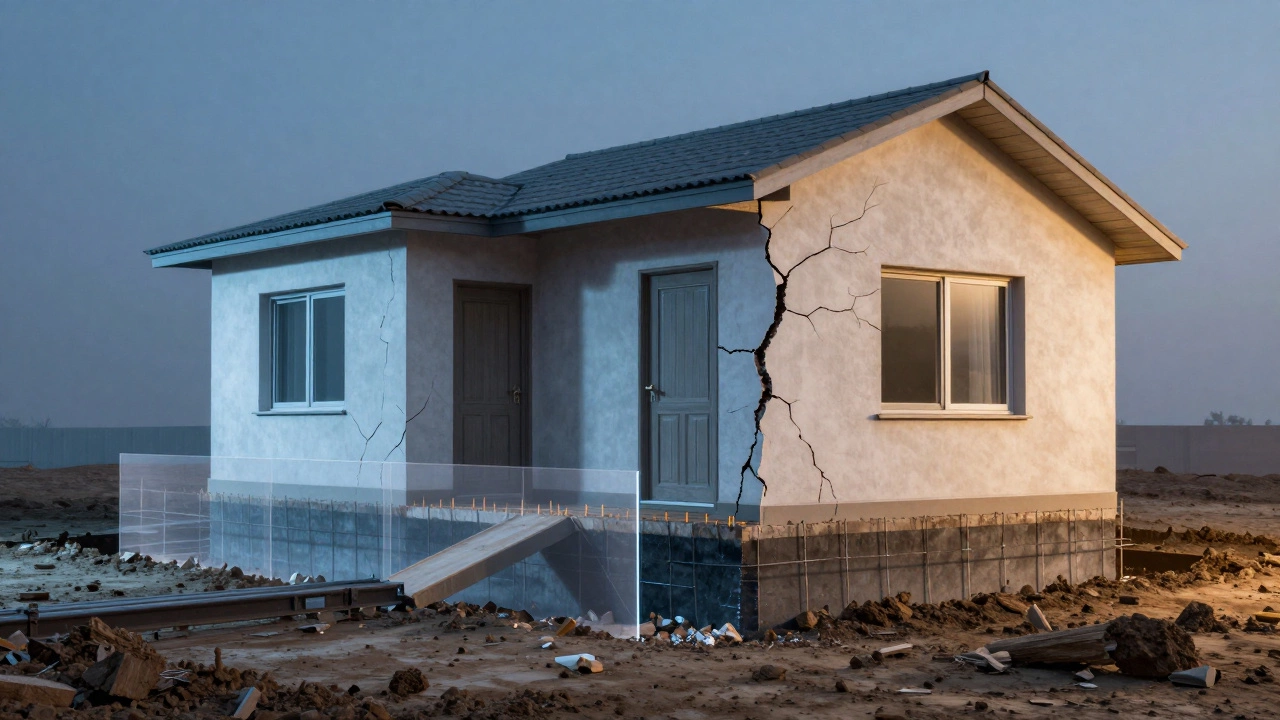 Дом с трещинами над неправильно залитым фундаментом, рядом — правильный вариант.