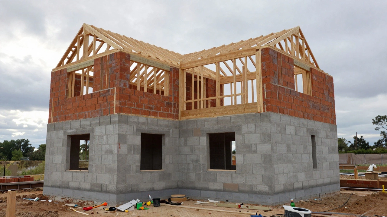 Дом с возведенными стенами, но без крыши — видны балки и открытые оконные проемы.