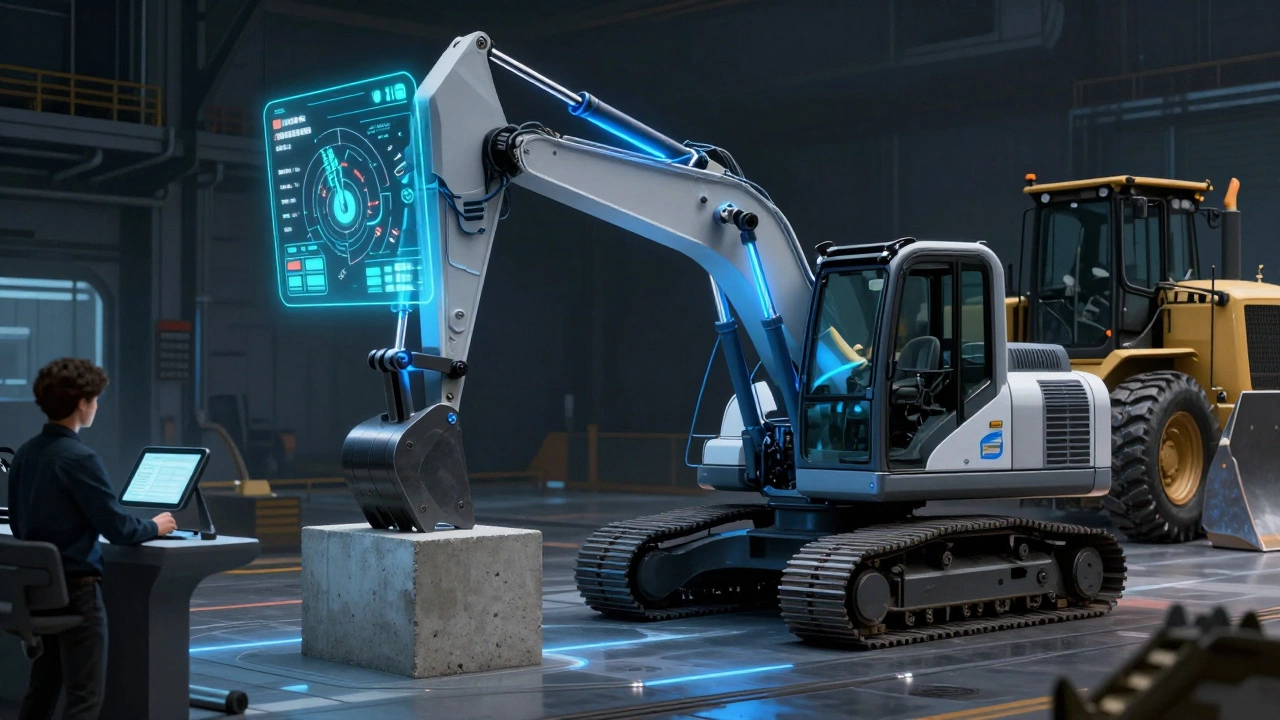 Электрический экскаватор с голографическими индикаторами точечно устанавливает бетонный блок в закрытом помещении.