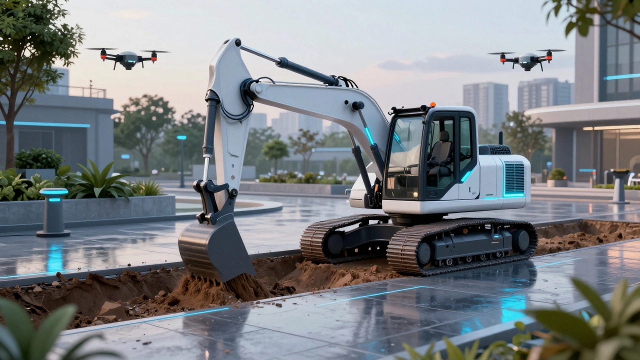 Электрический экскаватор с подсветкой автономно копает, вокруг дроны и датчики, городской пейзаж в сумерках.