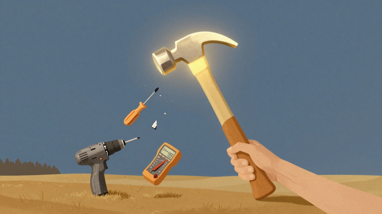 Гигантский молоток светится над деревней, остальные инструменты разрушаются.