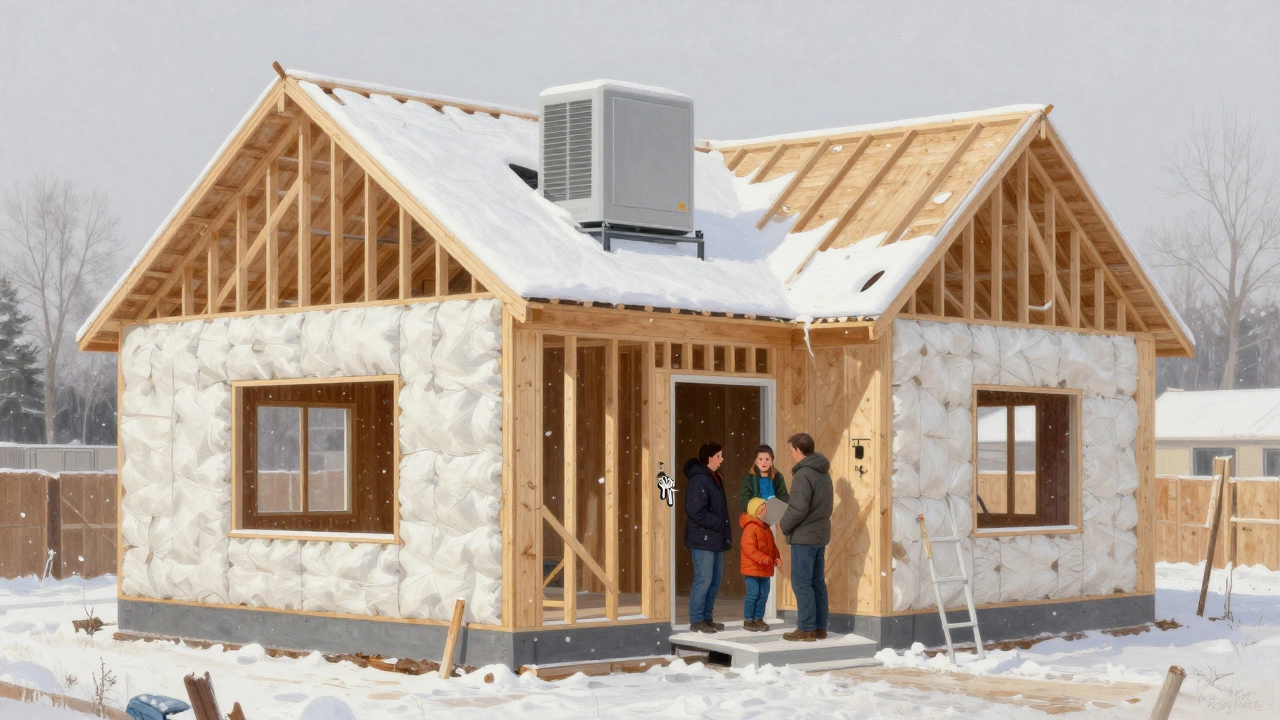 Каркасный дом на зимней стройке с видимой изоляцией и вентиляцией.