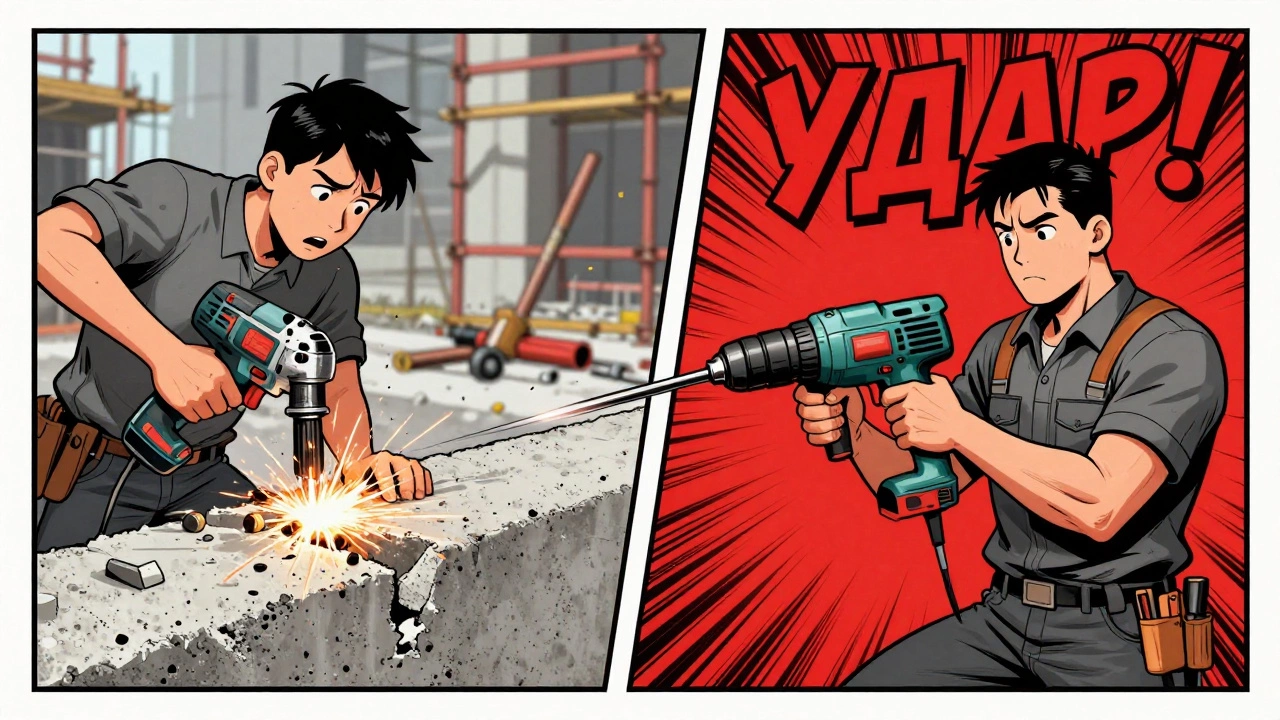 Комикс-сравнение: неправильное использование дрели против правильного применения перфоратора.